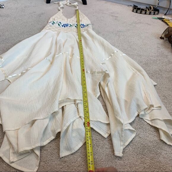 Vintage ‘70s Embroidered Gauze Pixie Hem Floral Crochet Halter Mexican Dress - Picture 11 of 14